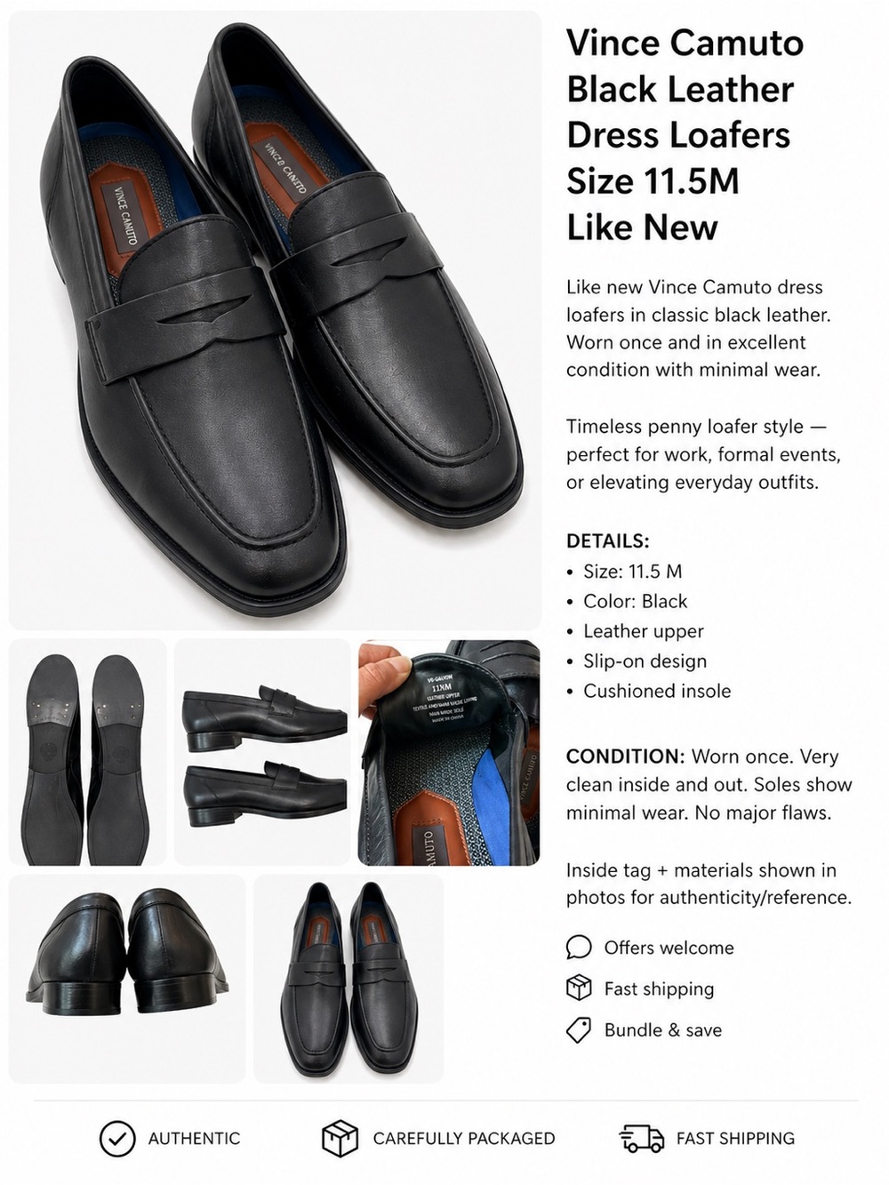 Vince Camuto Galvon Black Leather Dress Loafers Size 11.5M Like New